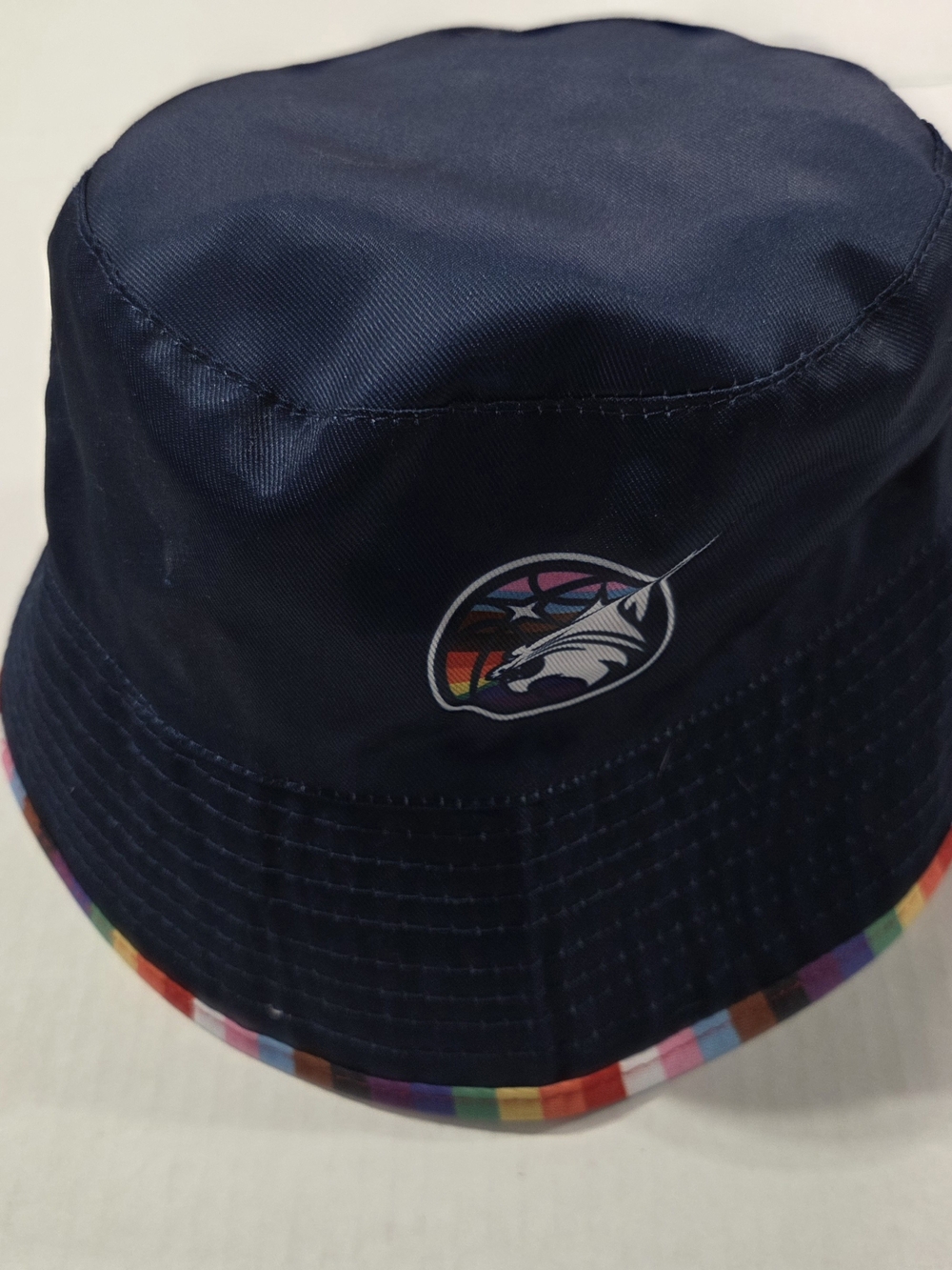 Navy Bucket Hat with Rainbow Trim